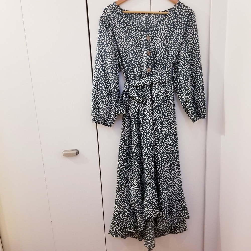 Green and White Ruffled Tie Front Midi Dress